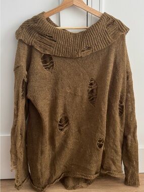Distressed Off-the-Shoulder Brown Sweater